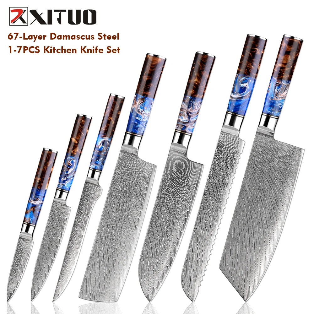 

XITUO Professional Chefs Knives Set 1-7PCS Damascus Steel Bread,Santoku,Cleaver,Paring,Boning,Cooking Knife With Resin Handle