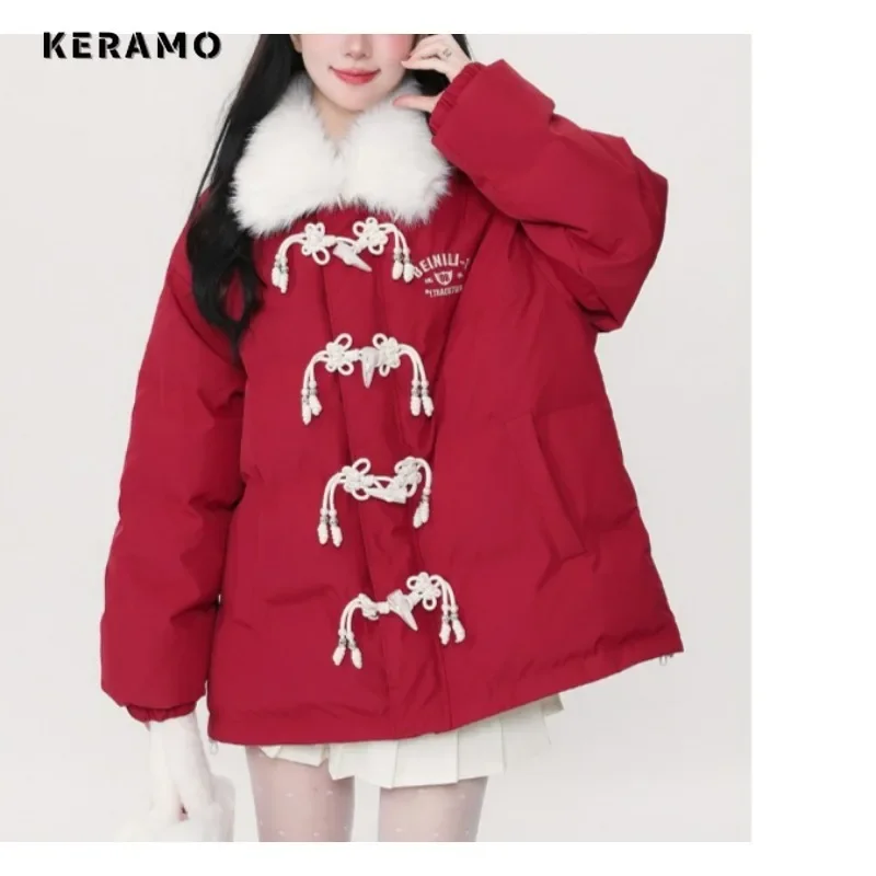 Women Casual Sweet Long Sleeve Letter Print Parkas 2024 Winter Red Outerwear Jacket Fashion Warm Patchwork Thick Chic Coat