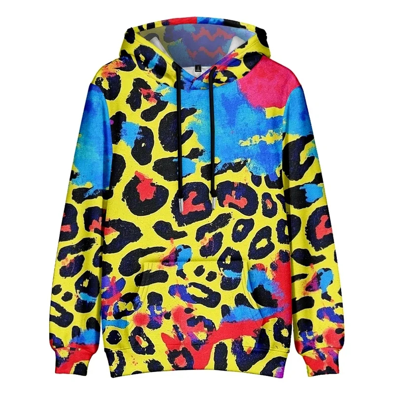 Colorful Animal Print Hoodie for Men Abstract Leopard Streetwear Pullover Bold Graphic Sweatshirt for Night Out Casual Wear