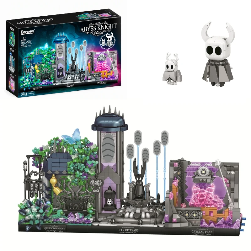 Image of 2347 Teile 3-in-1 Neues Hollowed Knight Geheimnisvolles Unterirdisches Schloss Bausteine Dunkles Fantasy-Spiel Kristallspitzen-Szenenmodell mit Figuren Spielzeug für Erwachsene Halloween- und