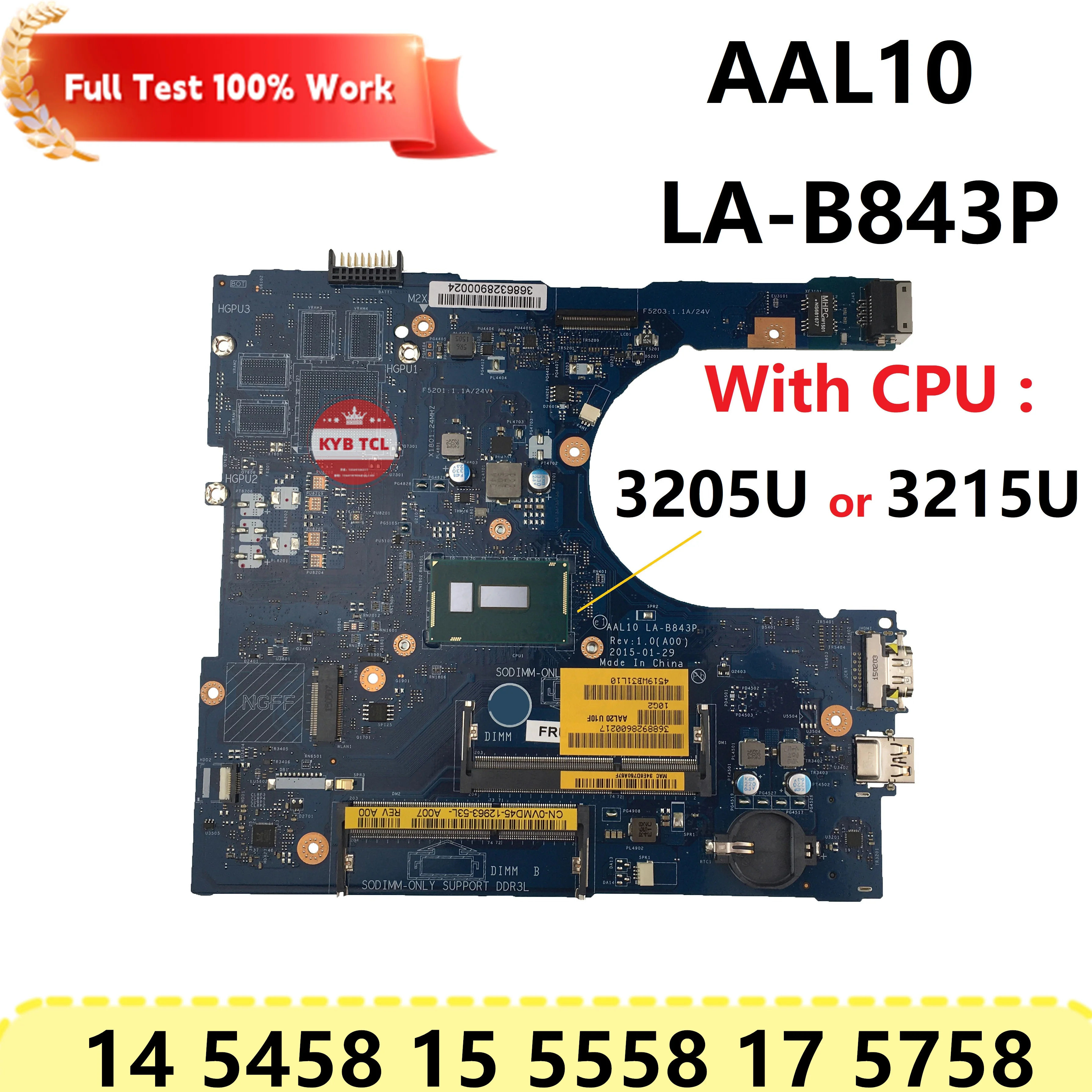 Imagem -05 - Placa-mãe Portátil para Dell Inspiron 14 5458 15 5558 17 5758 Laptop La-b843p Mainboard 04 Rymr 0vmd45 Ncf24 4cn4g Rc3pn 0m94d0 Notebook