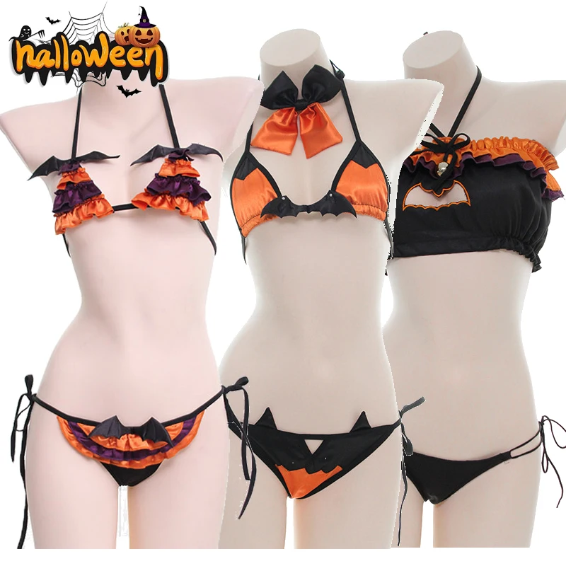 

Sexy Lingerie Cosplay Halloween Little Devil Pumpkin Strap Bikini Swimsuit Summer Pool Party Three-point Swimwear Uniform Set