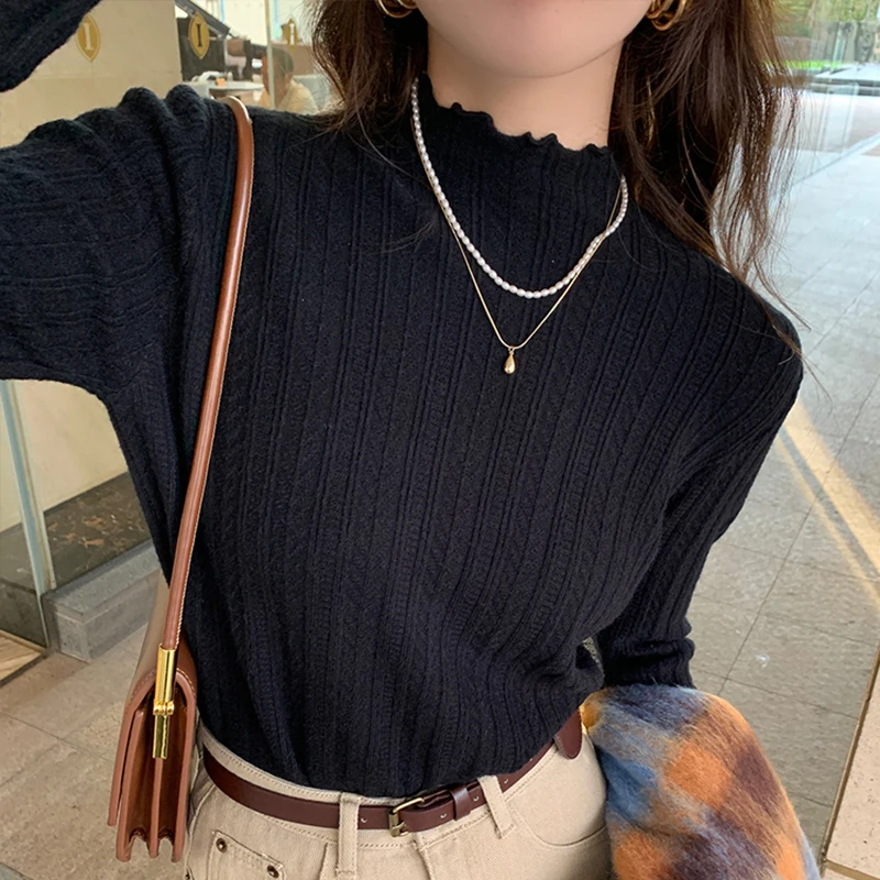 Y2k Office Women Sweaters Pullovers Korean Half High Collar Female Casual Tops Autumn Knitted All Match Long Sleeve Ladies Tops