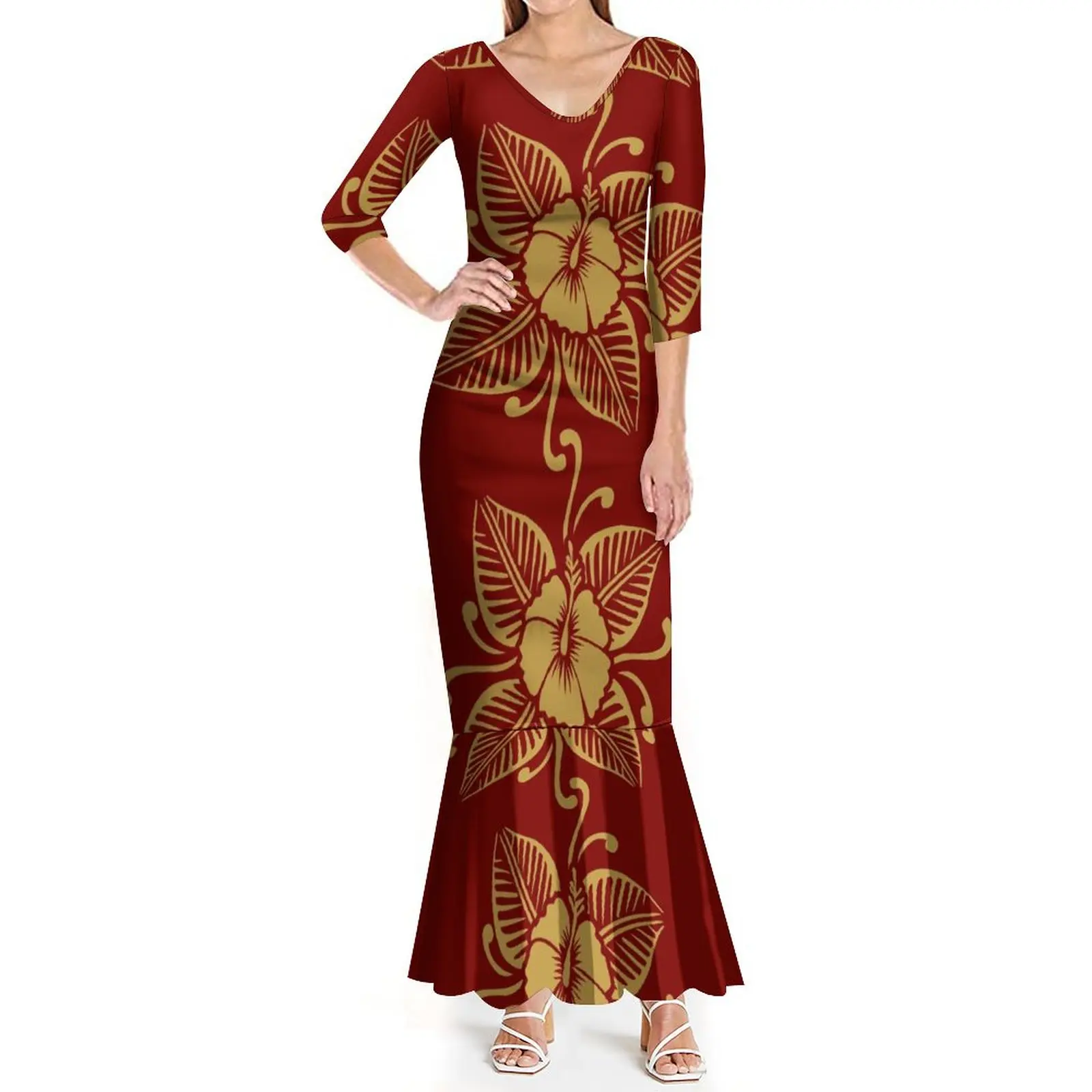 2023 New Women'S Casual Mid-Sleeve Dress Samoa Polynesian Tribe Design Elegant Party Long Fishtail Dress