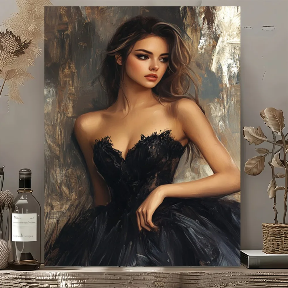 

Retro tin poster: Elegant black dress wall art, 2D flat print, vintage modern design. Perfect for home or office decor. High-qua