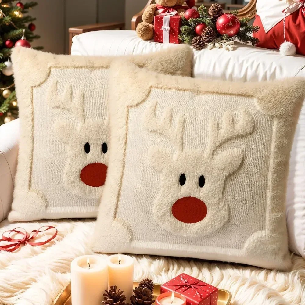 Animated Reindeer Fluffy Cushion Sleeve Soft Xmas Settee Pillow Slip Stylish Home Decor for Living Room Holiday Festive Ornament