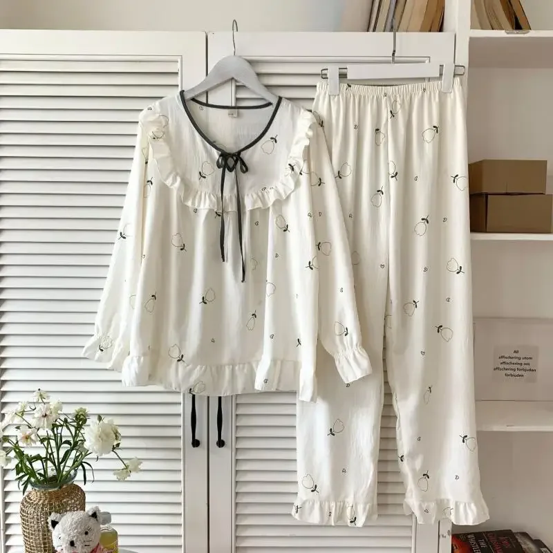 Pijama amarelo claro com calças femininas, doce, gola com babados, calças, terno de algodão estampado, pijama despeje femme, roupa de dormir solta