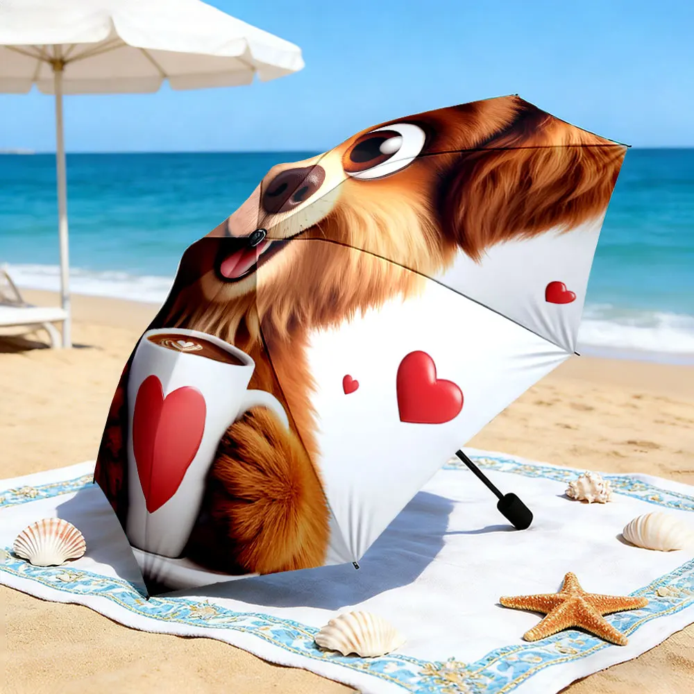 1PC Whimsical Umbrella with a Puppy and Heart Design by the Lake Print 8 Iron Ribs Folding Umbrella Auto-Open Fashion Sunshade