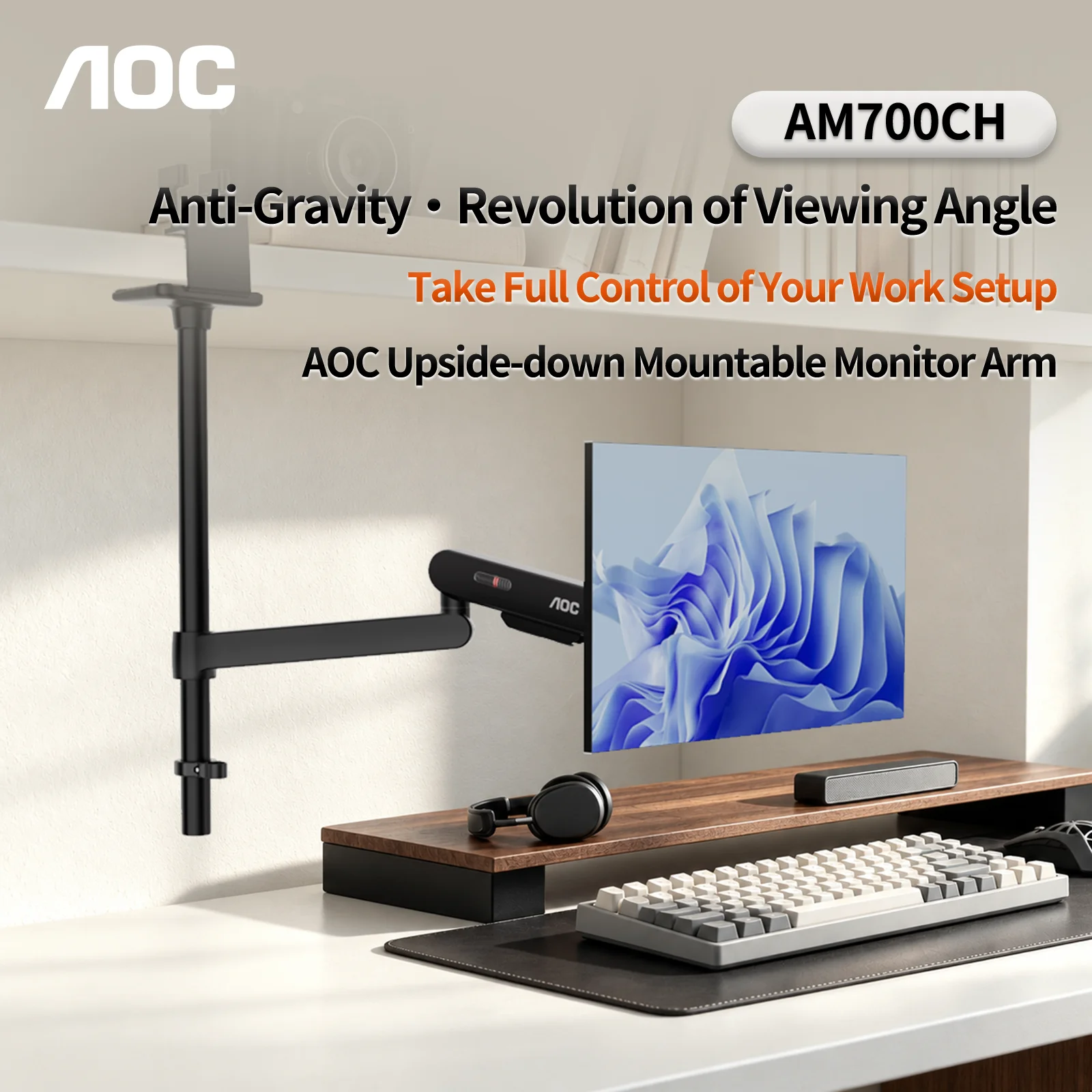AOC AM700 Premium Aluminum Single Monitor Arm Desk Clamp Mount Monitor Stand Height Adjustable for 17-34