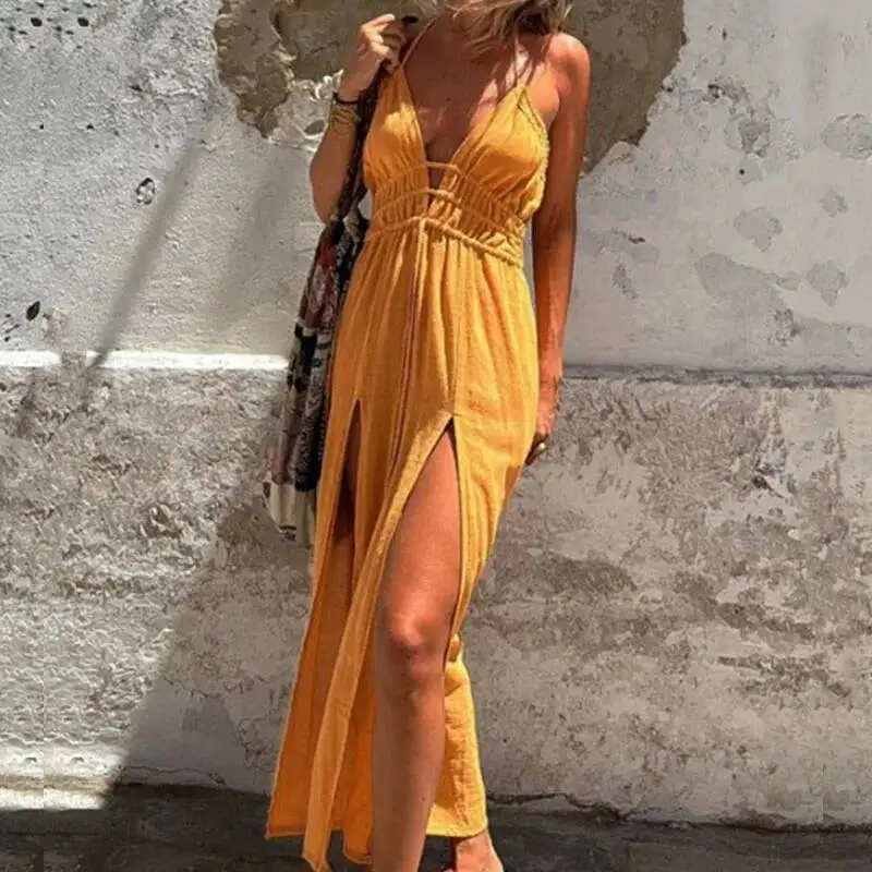 Sexy V Neck Tie Up Halter Women Spring Solid Hollow Split Boho Long Summer Sleeveless Backless Chic Maxi Dress