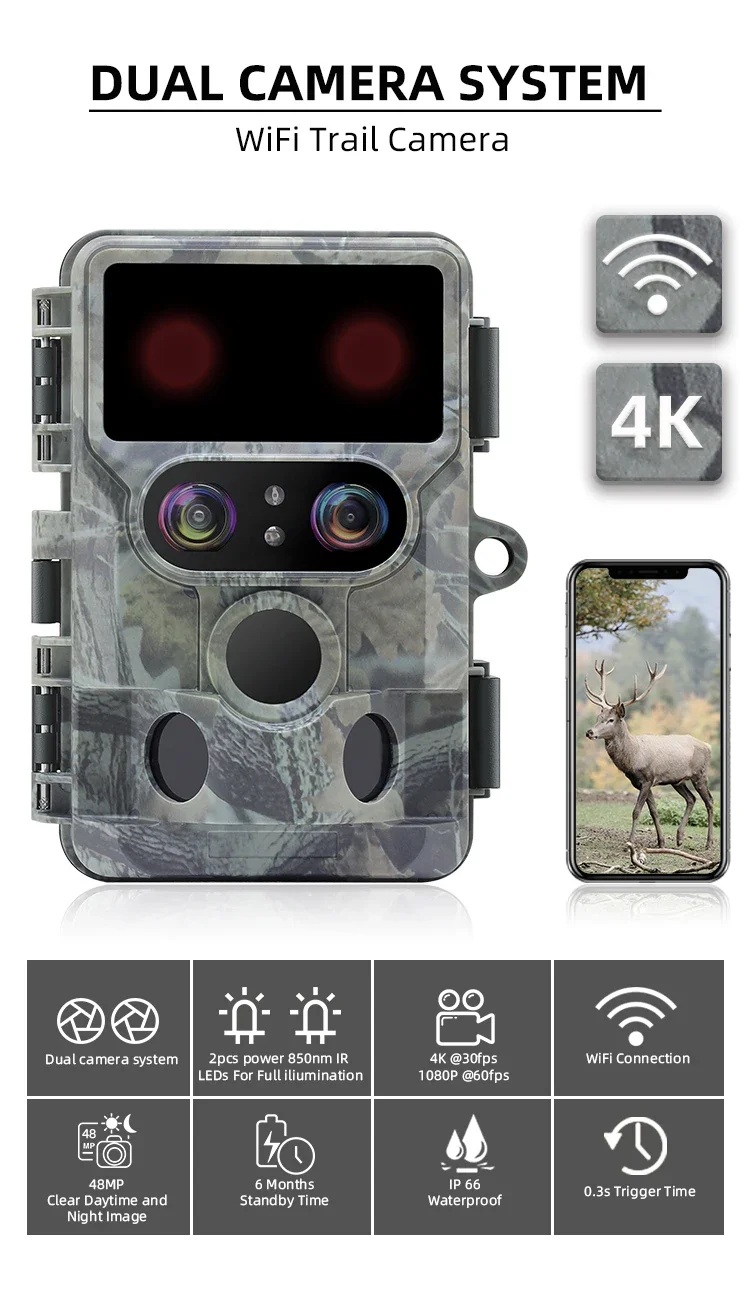 Redleaf wildlife ir night vision 2.4 inch wireless 48mp 4k wifi dual lens trail camera