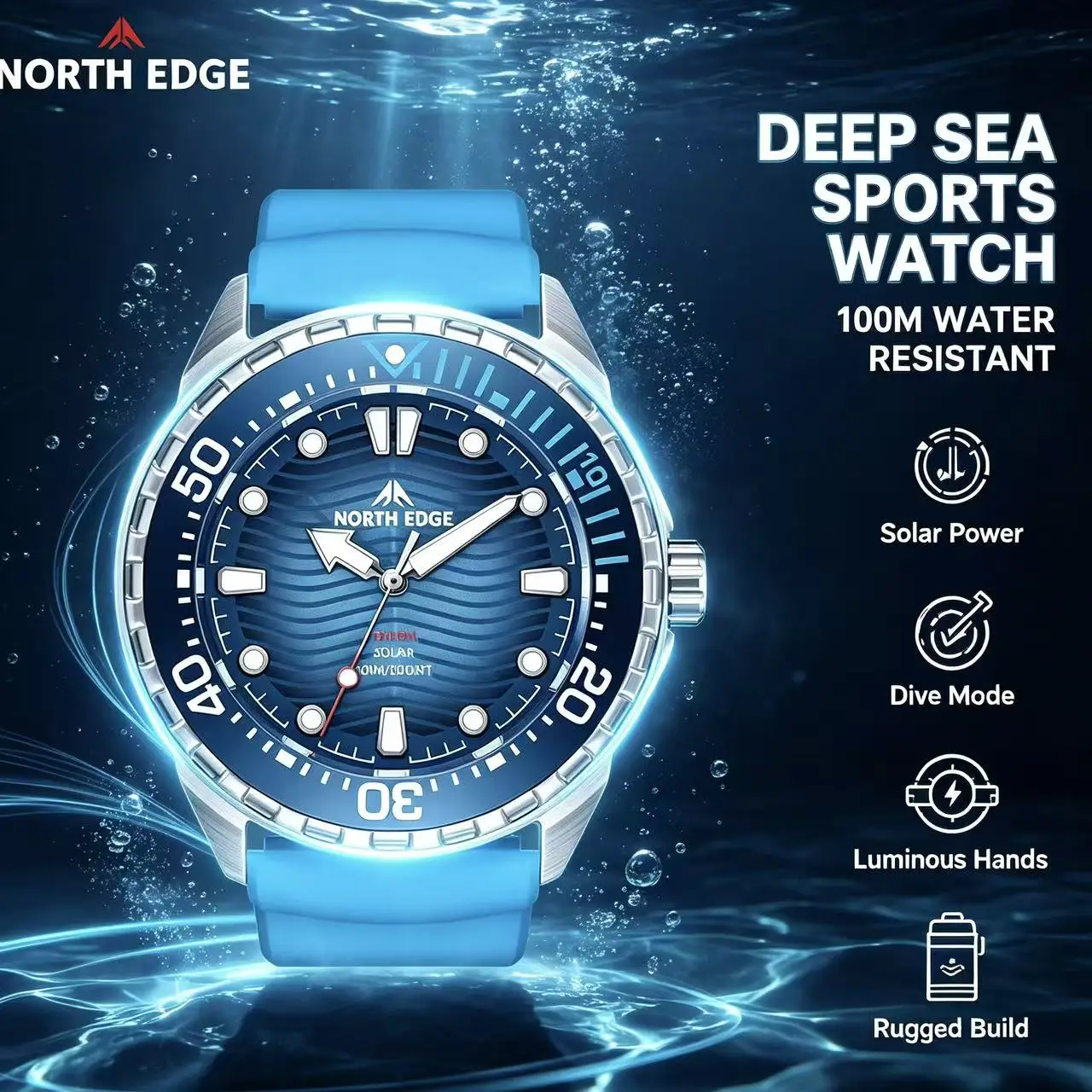 2026 NORTH EDGE TRITON Solar Powered Dive Watch Men 300M Waterproof Shock‑Resistant Luminous Sport Quartz Wrist Watch