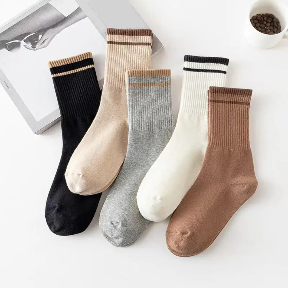 

10Pairs Sweat Absorption Patchwork Stripe Socks Non-Slip Simple Mid-calf Socks Hosiery Breathable Women Tube Socks Girl
