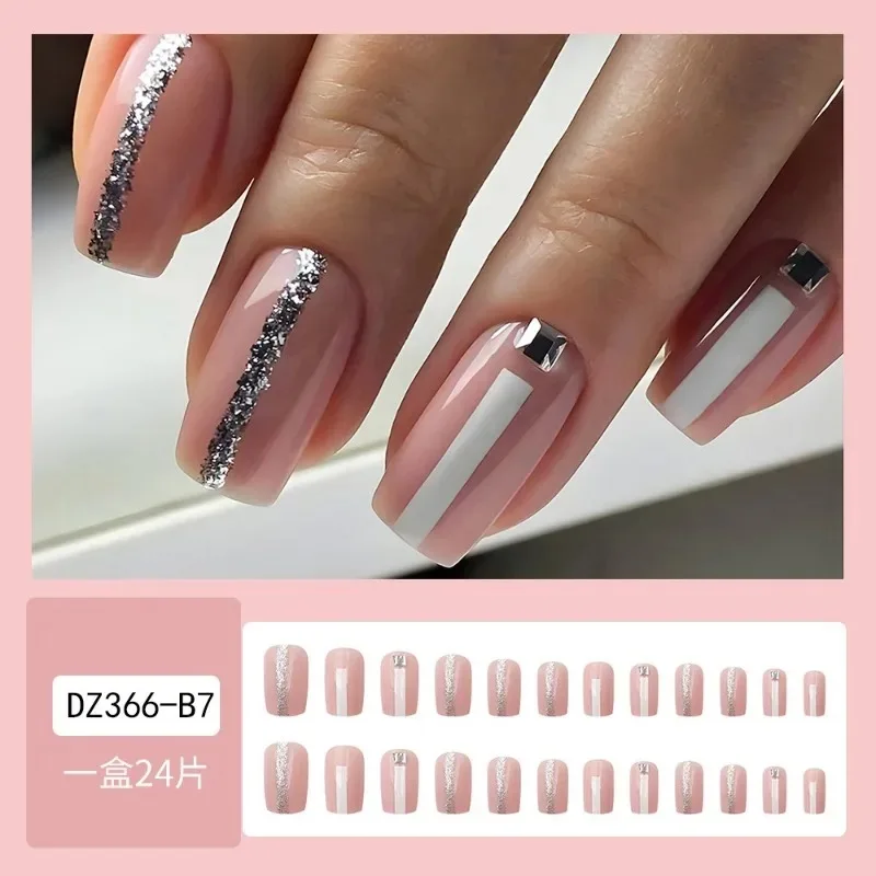 24 Stks/set Zomer Korte Middelgrote Vierkante Pers Op Nagels Roze Streeppatroon Nepnagels Glanzende Kunstmatige Manicure Valse Nagels Goedkoop