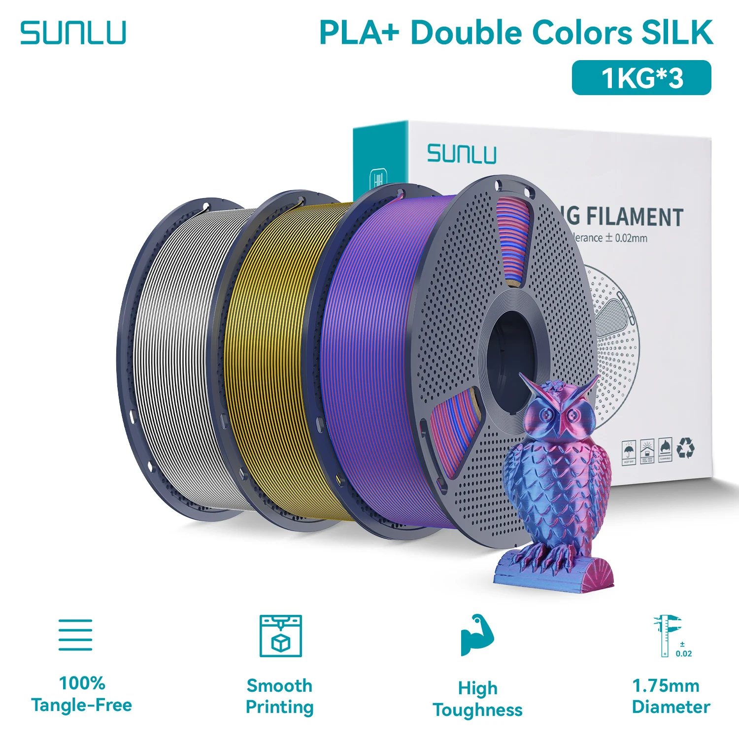 SUNLU Silk PLA PLUS 3D Filament 1.75mm Dubbele Kleuren Zijde Texturen PLA+ Verloopkleuren Filament voor de Meeste FDM 3D Printers 3KG