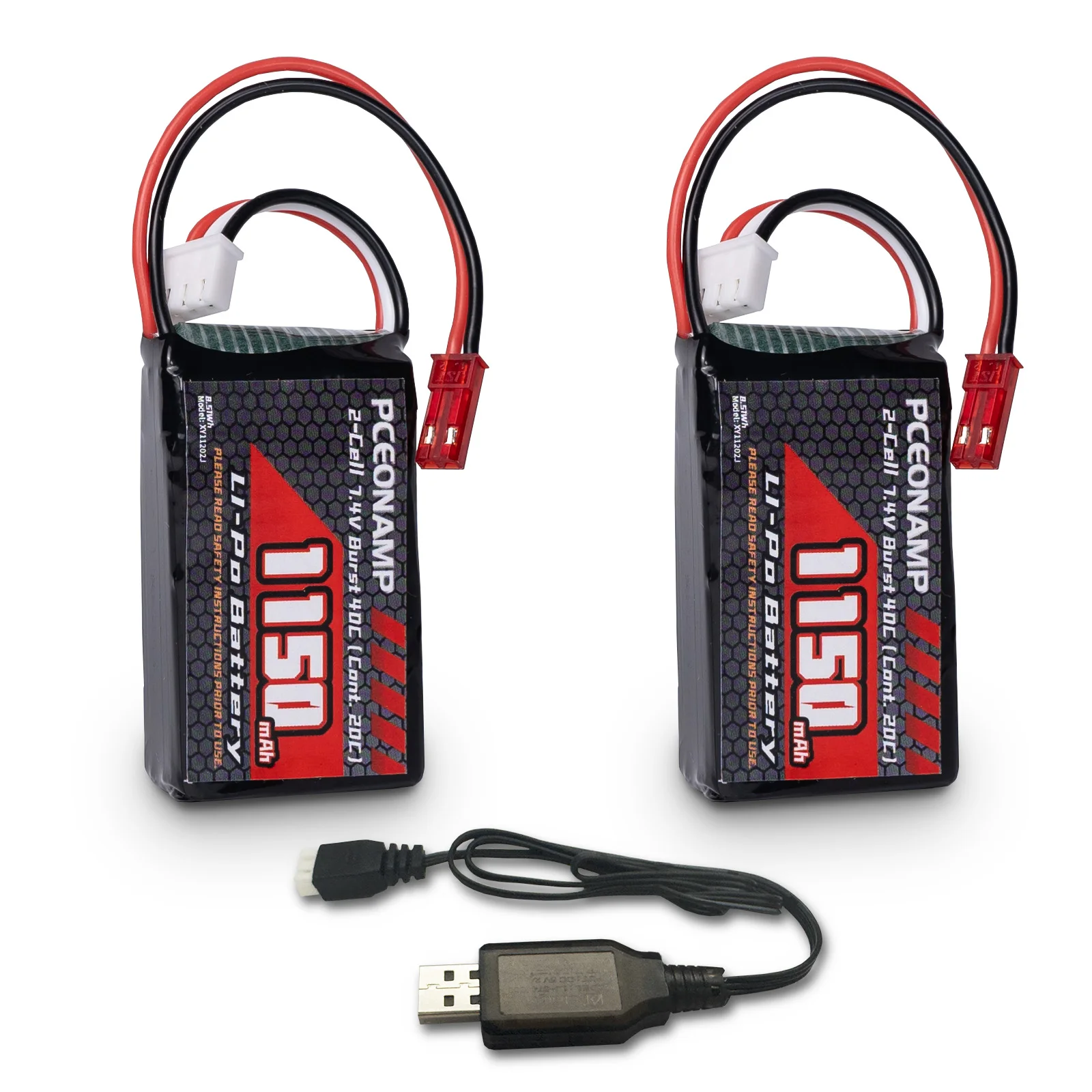 PCEONAMP 2S Lipo Battery 1150mAh 7.4V Burst 40C with JST Plug Rechargeable High Capacity RC 7.4V Lipo Battery Fit for RC Cars A949, A959 or 1/18 Scale RC Cars Trucks with 1 USB Charger （2packs）
