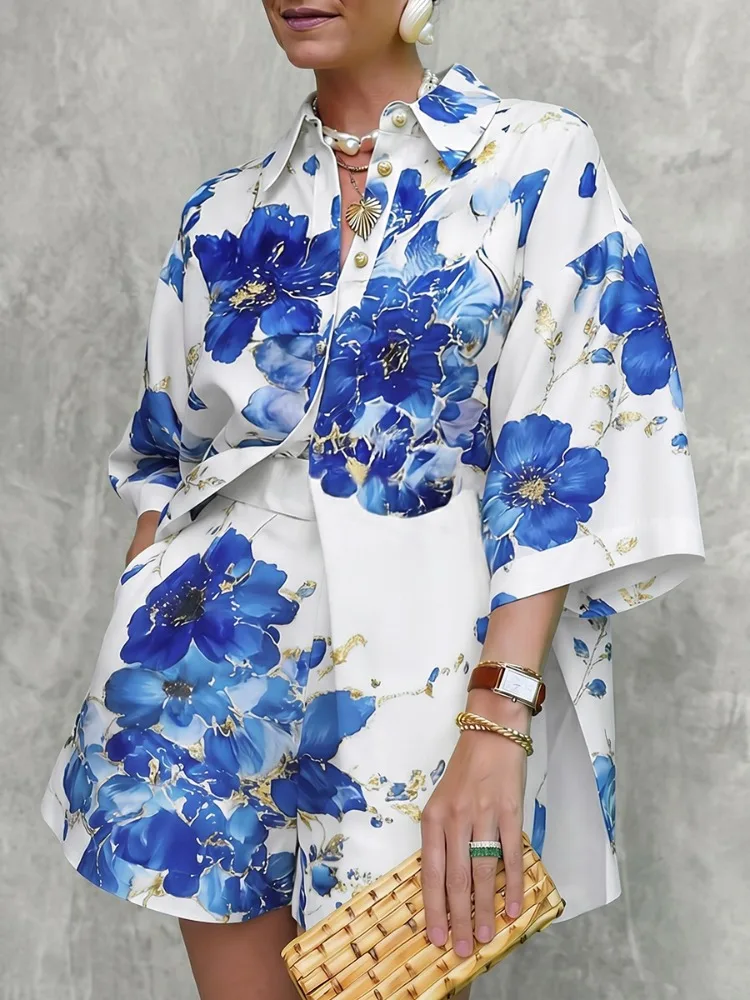 

UOOZEE 2026 New Women Vintage Floral Printed Party Short Sets Half Sleeves Loose Lapel Blouses & Wide Leg Shorts 2 Piece Set