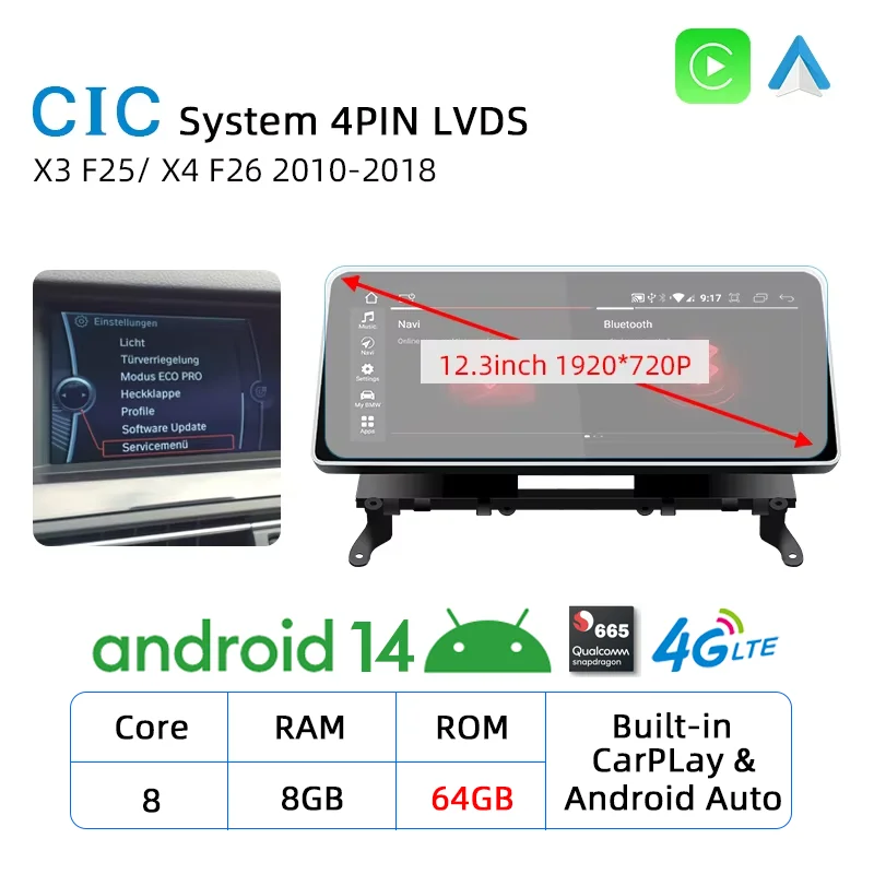 12,3 Inch NIEUW ID8 Android 14 Carplay Touchscreen voor BMW X3 F25 X4 F26 Autostereo Autoradio Multimedia Speler Navi 4G WIFI DSP