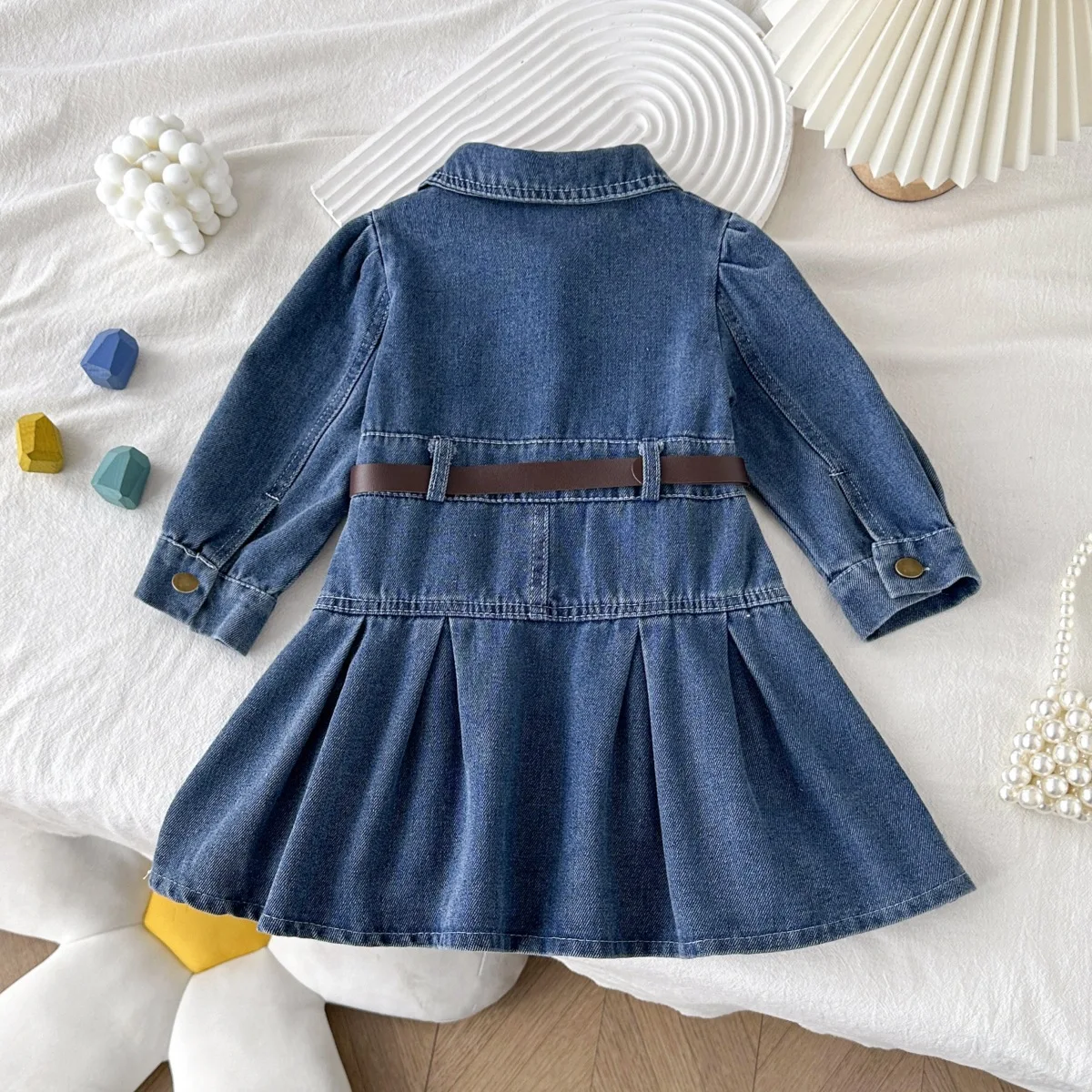 Girls' Long Sleeve Denim Dress – Casual Button-Front Shirt Dress with Lapel Collar, Lightweight Jean Dress for Spring