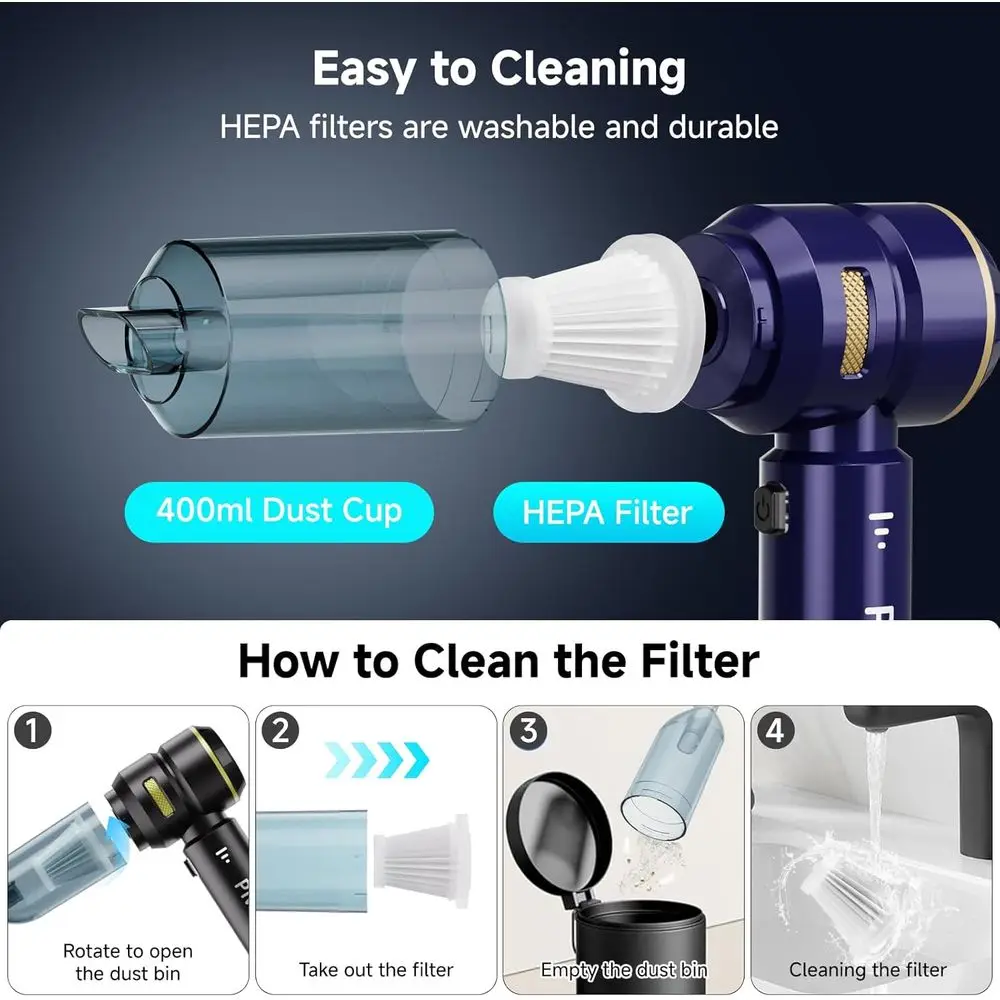 Portable Cordless Handheld Vacuum for Cars and Home with LED Light, Powerful Suction for Pet Hair (Navy)