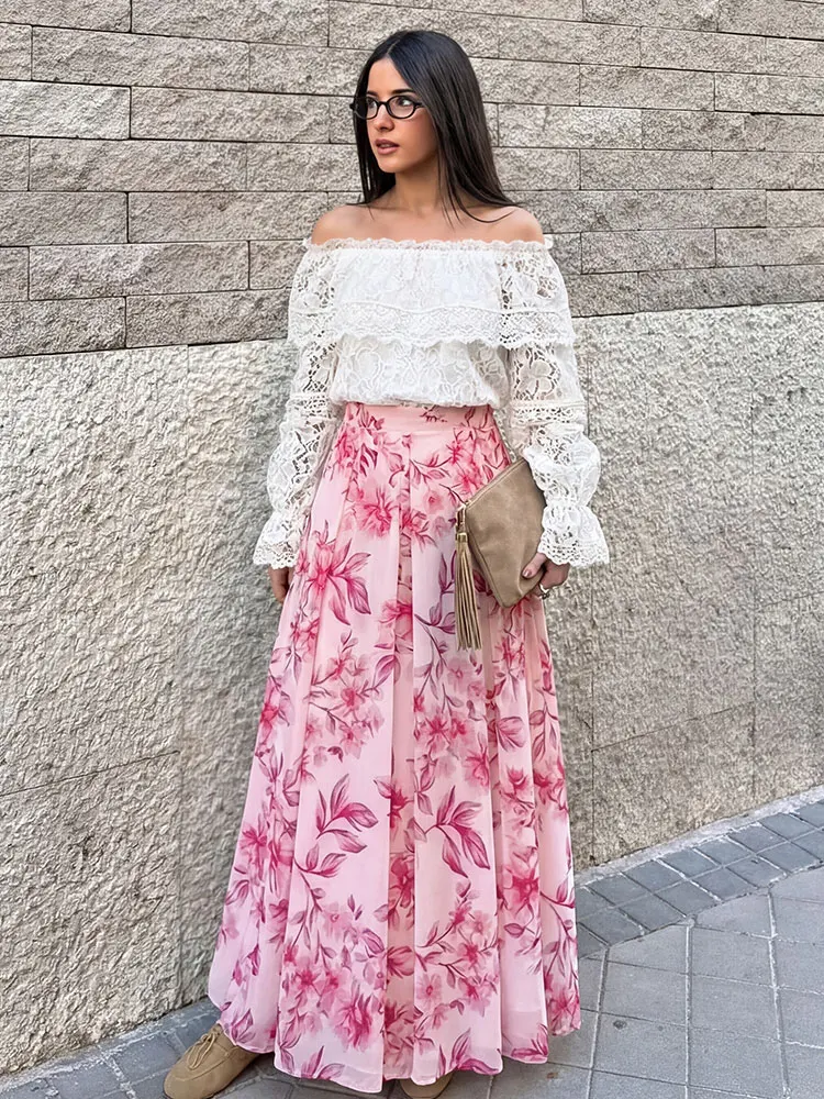 HH Women Sweet Pink Floral Print Midi Skirt High Waist Pleated A Line Skirt Summer Casual Loose Women Holiday Beach Skirts