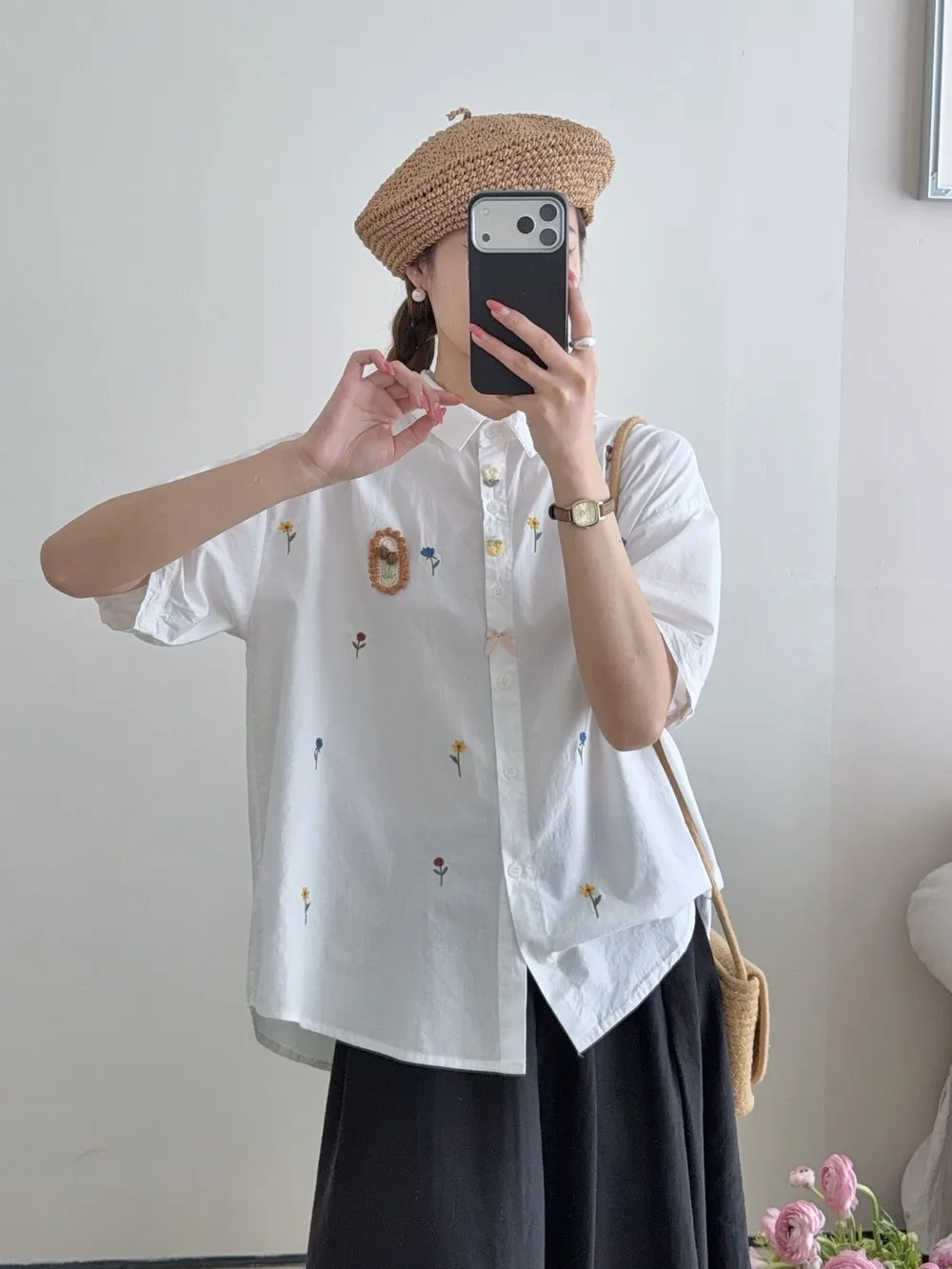 

New 2026 Summer Women Cotton Short Sleeve Shirt, Lapel Embroidery, Mori Girl Sweet Preppy Style Chic Thin Loose Blouse T64683CC