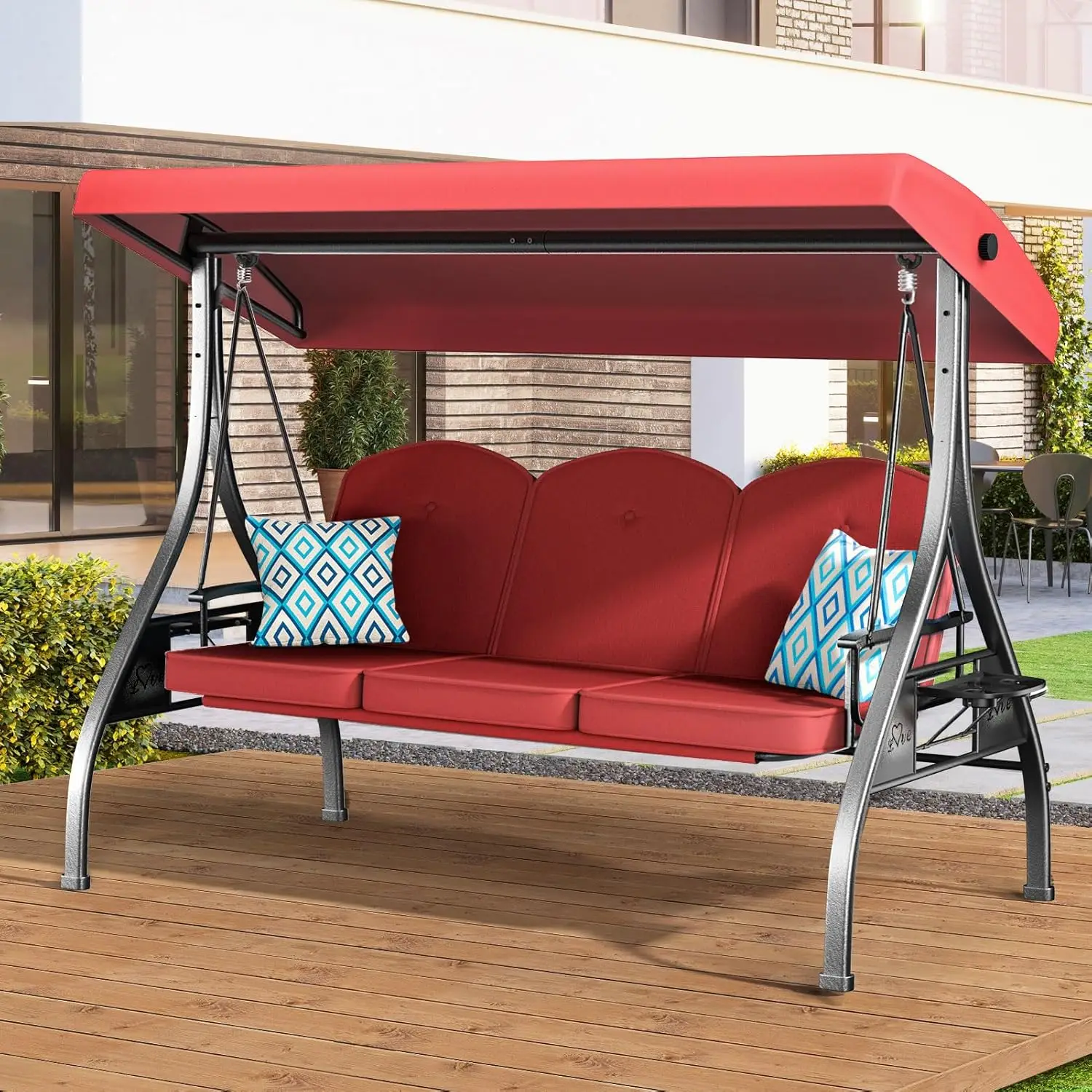 3 Seat Outdoor Porch Patio Swing with Stand 800lbs 2-in-1 Convertible Swing Bed with Adjustable Canopy & Removable, Customized