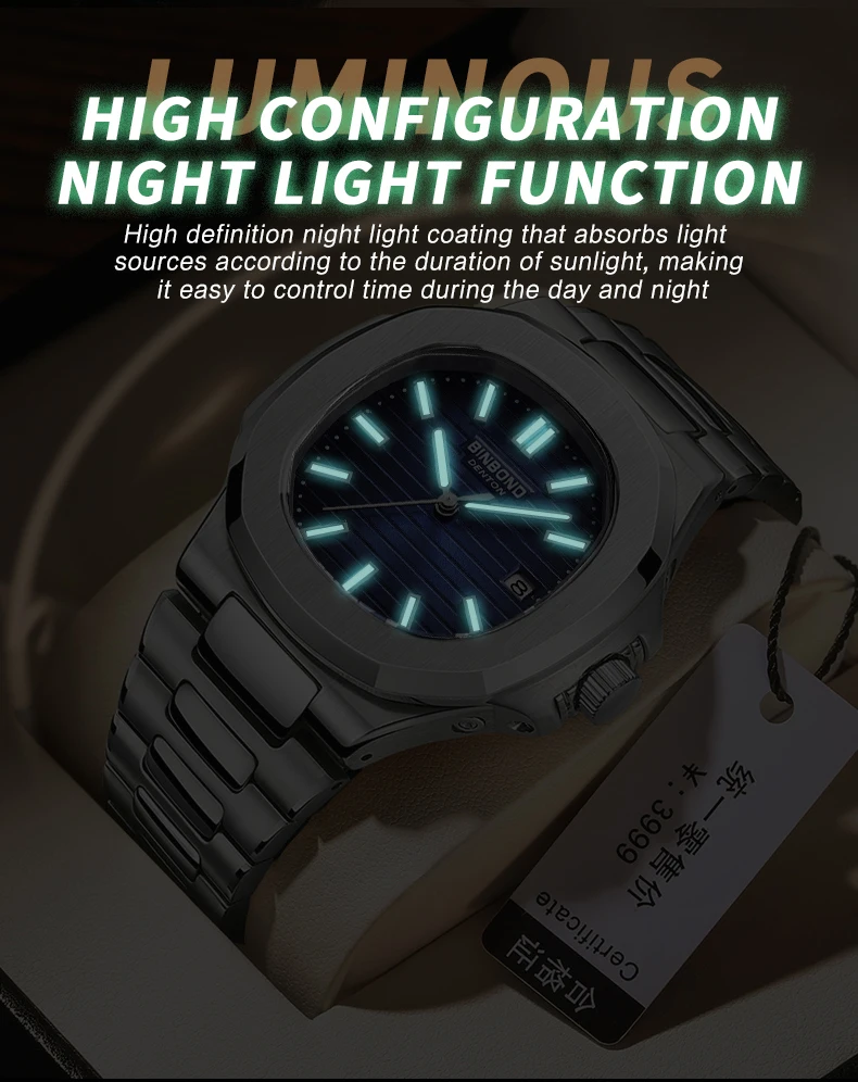 BINBOND 1885box Stainless Steel Wristwatch Case Fashion Calendar Quartz Waterproof Luminous Man Watches Reloj Hombre