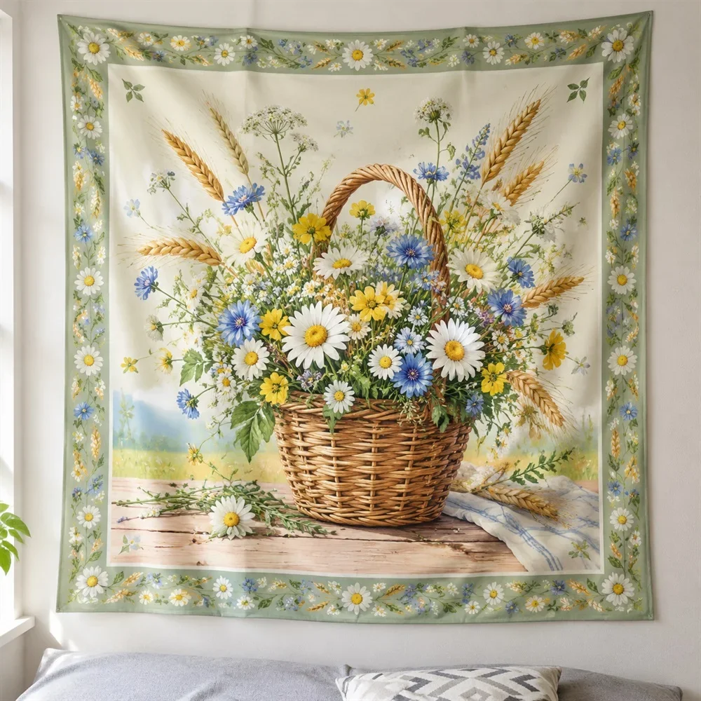 VIKAMA Wicker Basket Wildflowers Tapestry Wall Hanging, Cottage Wall Decor Tapestries for Kitchen Dining Room Living Room
