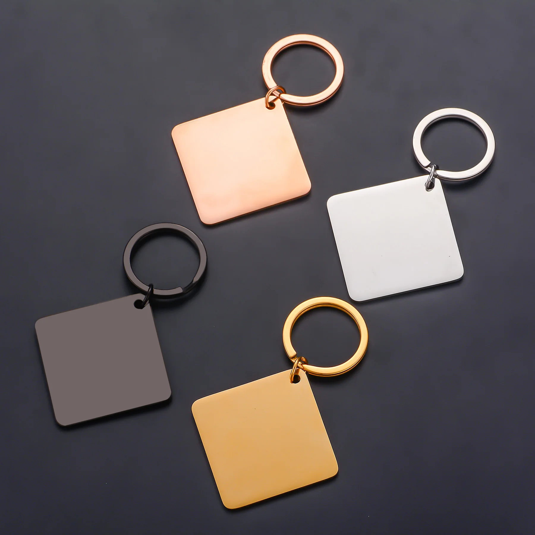 2pcs Mirror Polishing Stainless Steel Square Blank ID Tag Keychain  for DIY Anti-lost KeyRing Jewelry Making Accessories