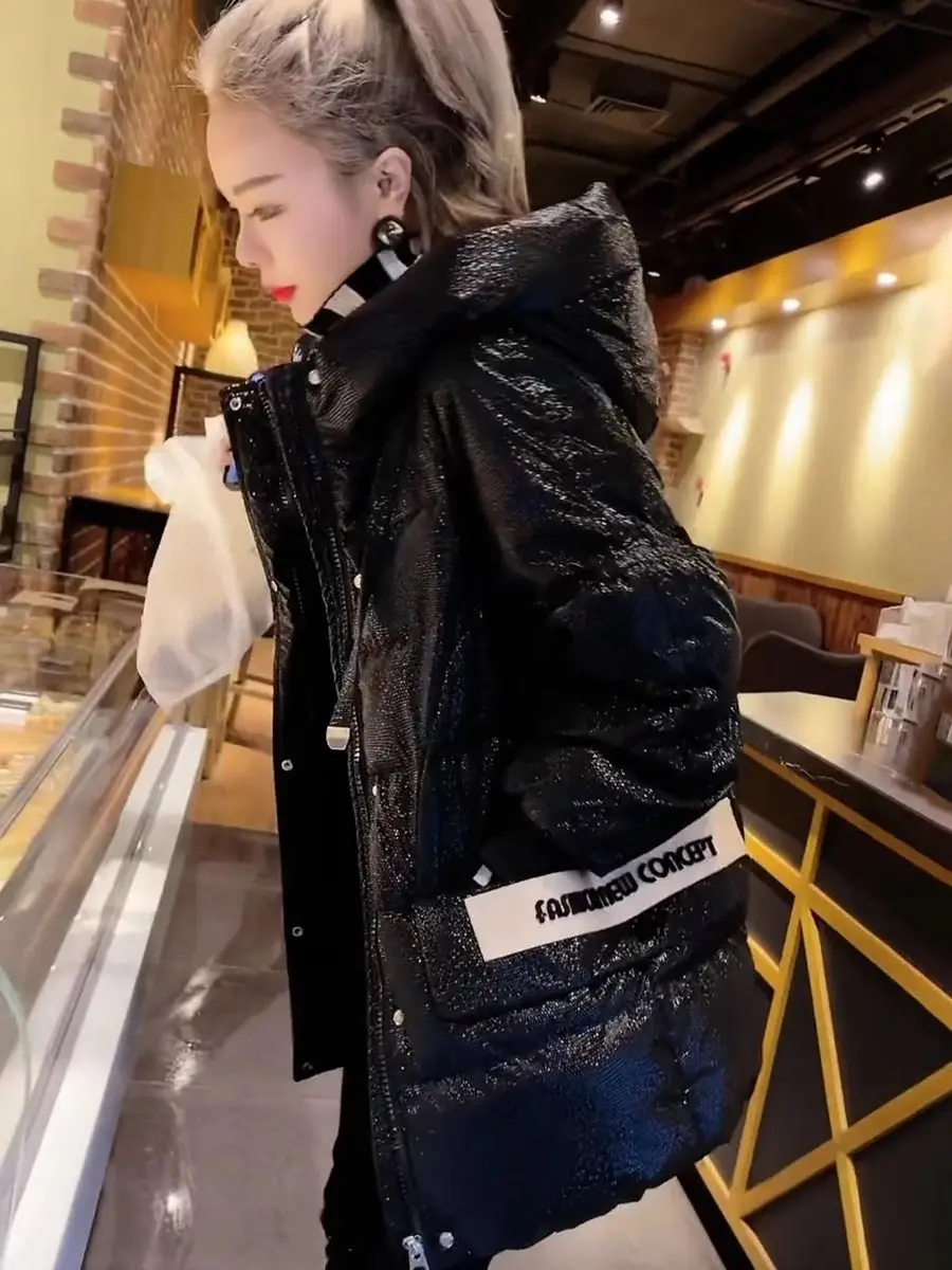 

European Style Women's Thickened down Cotton Jacket Hooded Mid-Length Winter Coat Korean Style Long Sleeve Straight Cut