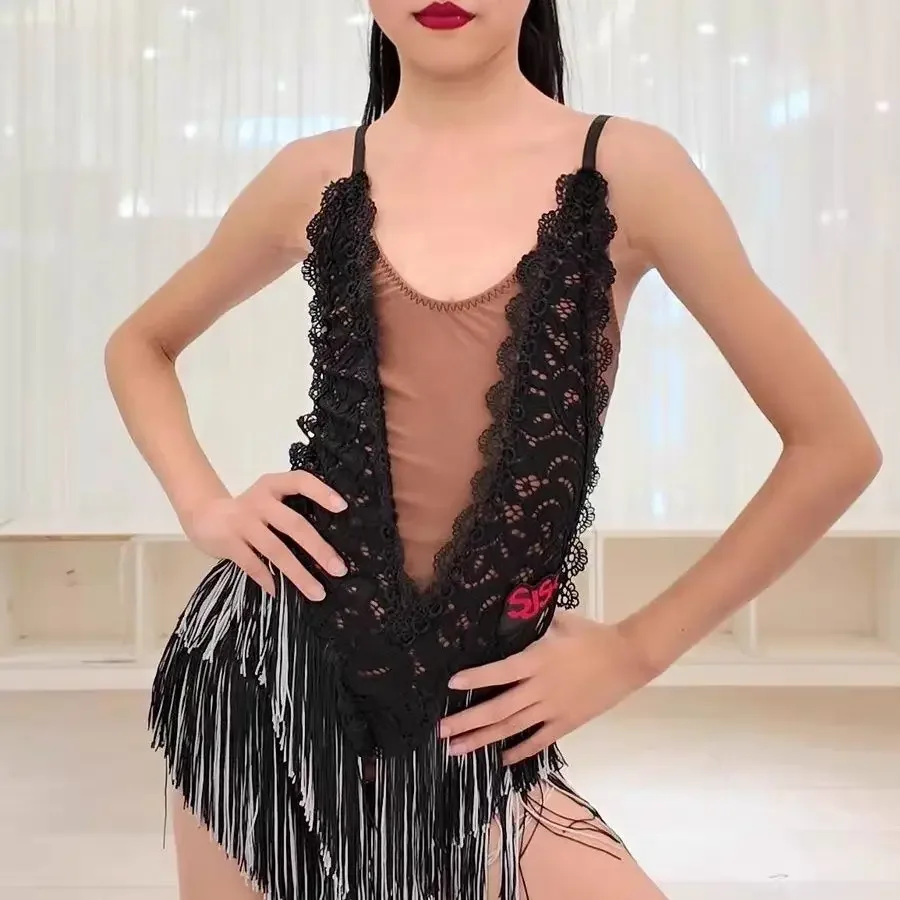 2025년 신상 라틴 댄스 의상 소녀용 스트랩 레이스 태슬 드레스 공연 드레스 차차 룸바 탱고 댄스 어린이 라틴 드레스