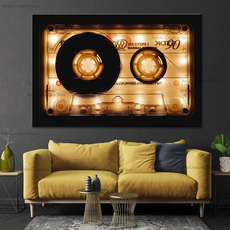 Neon style Shining Audio Cassette Poster Retro Music Wall Art Audio Cassette Canvas Print Painting Wall Pictures Studio Home Dec