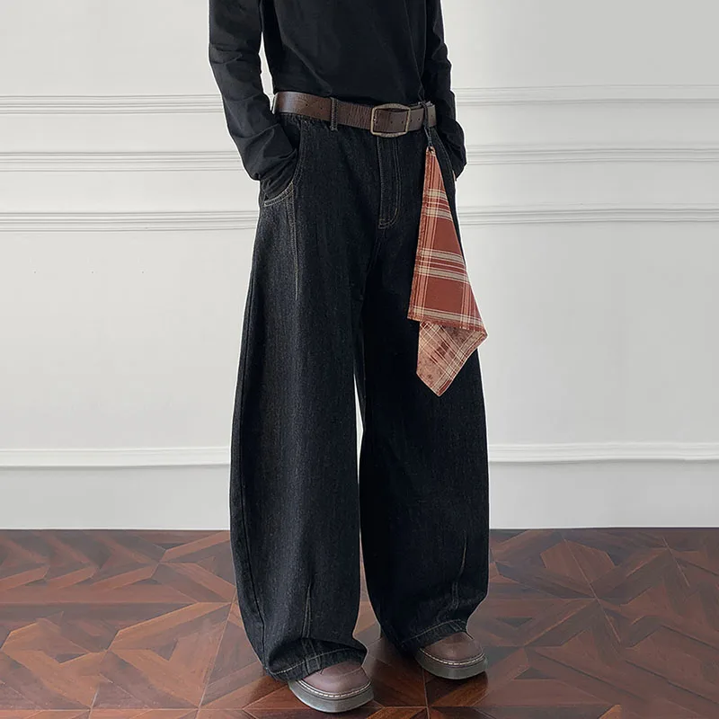Harajuku Baggy Wide Leg Jeans for Men American Retro High Street Sickle Denim Pants Man New Versatile Washed Cowboy Trousers