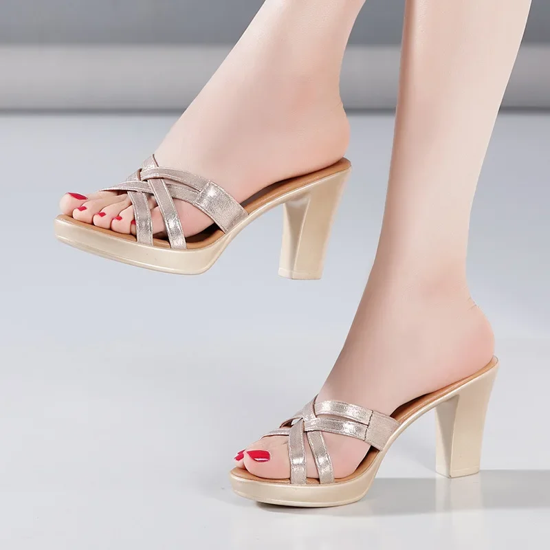 8cm 10cm Small Size 32-43 Elegant Soft Leather Slippers Platform Shoes 2025 Women\'s Block High Heels Slides Office Model Mom