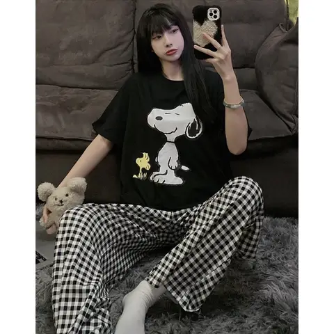 Snoopy Dampyjamas Kortärmade T-shirts Byxor Sommar Lösa Tecknade Sovkläder Kostym Y2k Kläder Lösa Hemkläder Set Byxor 12 best sales Snoopy Zara - №6