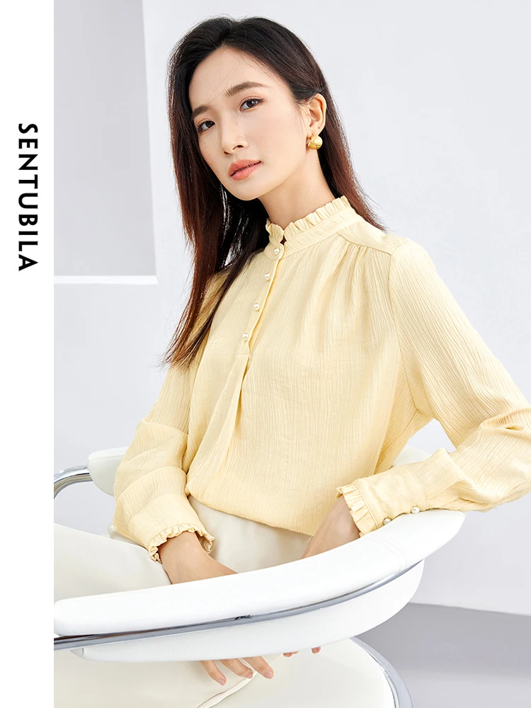 SENTUBILA Ruffles Stand Collar Shirt for Woman Elegant Button Up Women Blouses 2024 Spring Women\'s Long Sleeve Top 141C52558