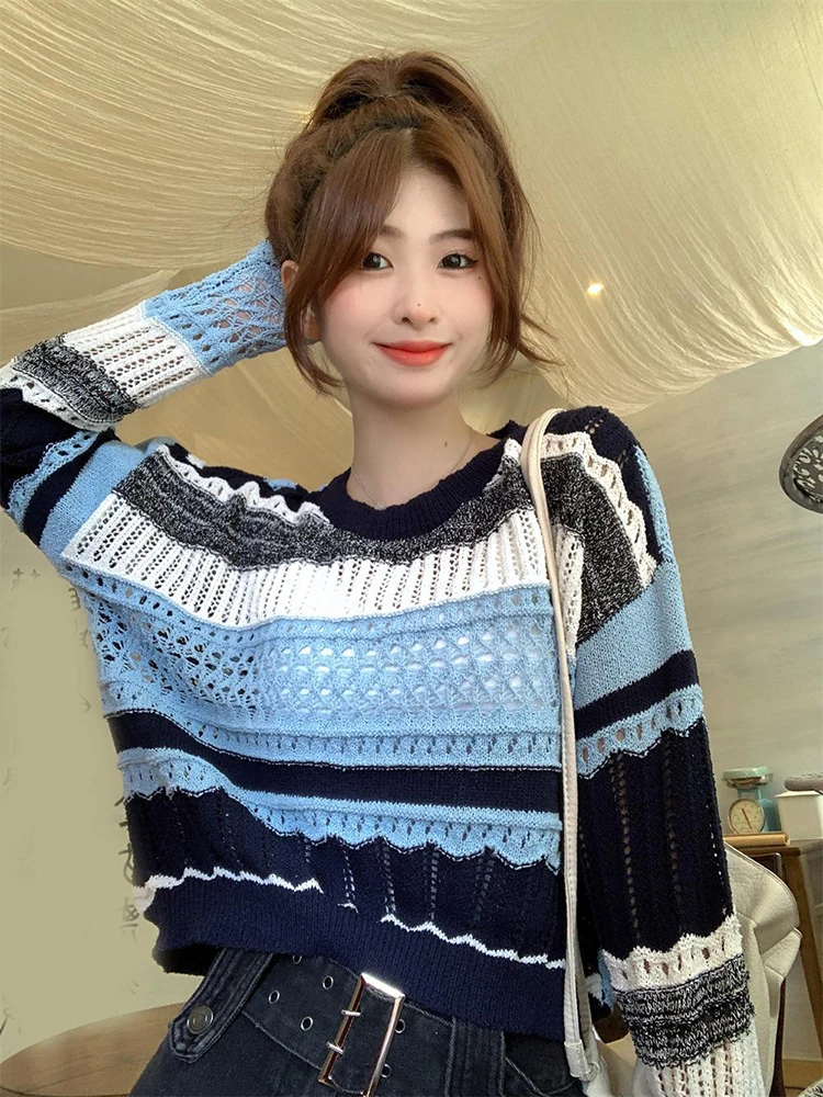 Zoki Hollow Out Sexy Women Knitted Sweater Striped Sweet Loose Pullovers Korean Fashion Long Sleeve O Neck Casual Jumpers Autumn