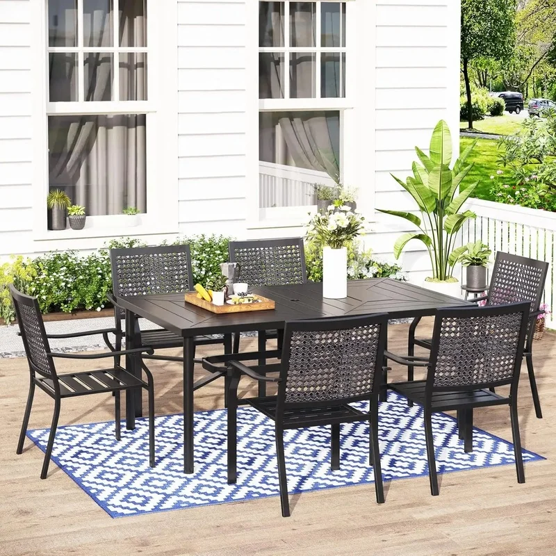 

6 Piece Stackable Outdoor Metal Mesh Dining Chairs with Armrests for Garden, Poolside, Backyard, Bistro Dining