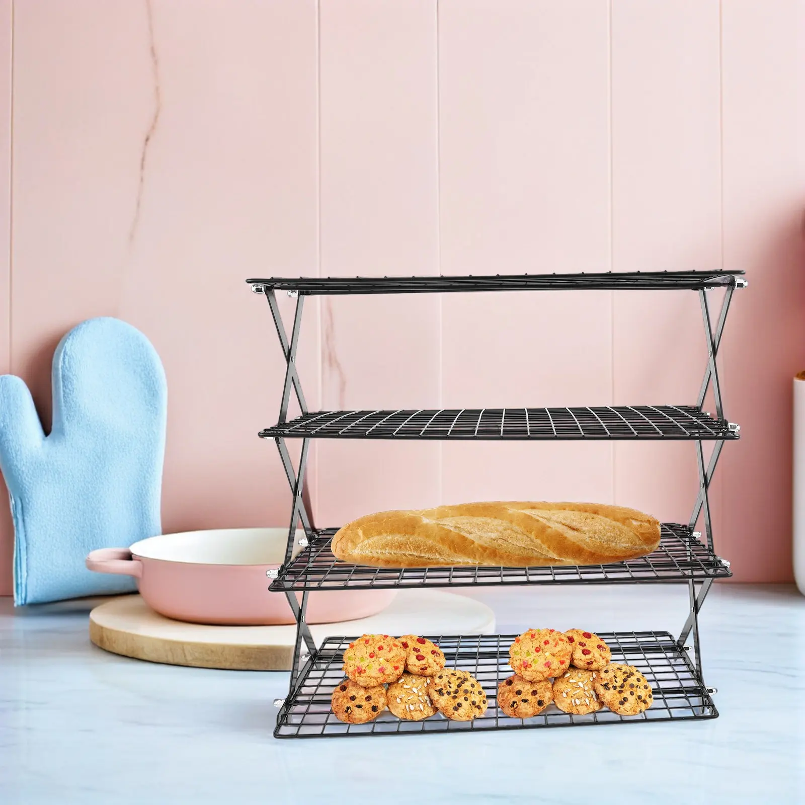 3Set Bread Cooling Rack 4 Tier Foldable Heavy Duty Wire Baking Cooling Racks Stackable Space Saving Oven Roasting Cake Cookie