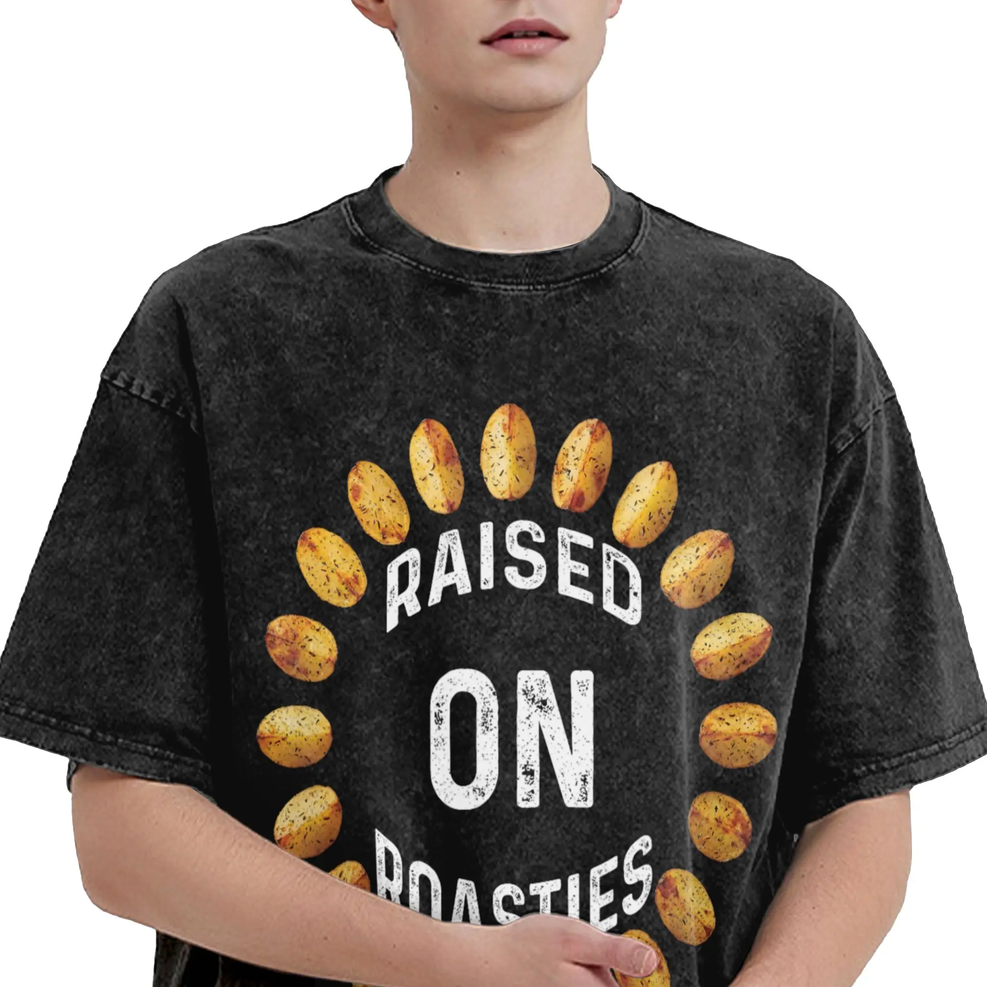 Raised On Roasties Rustic Potato Wreath  Washed T Shirt Streetwear Hip Hop Novelty T-Shirt  Tees for Men Women Cotton Oversize