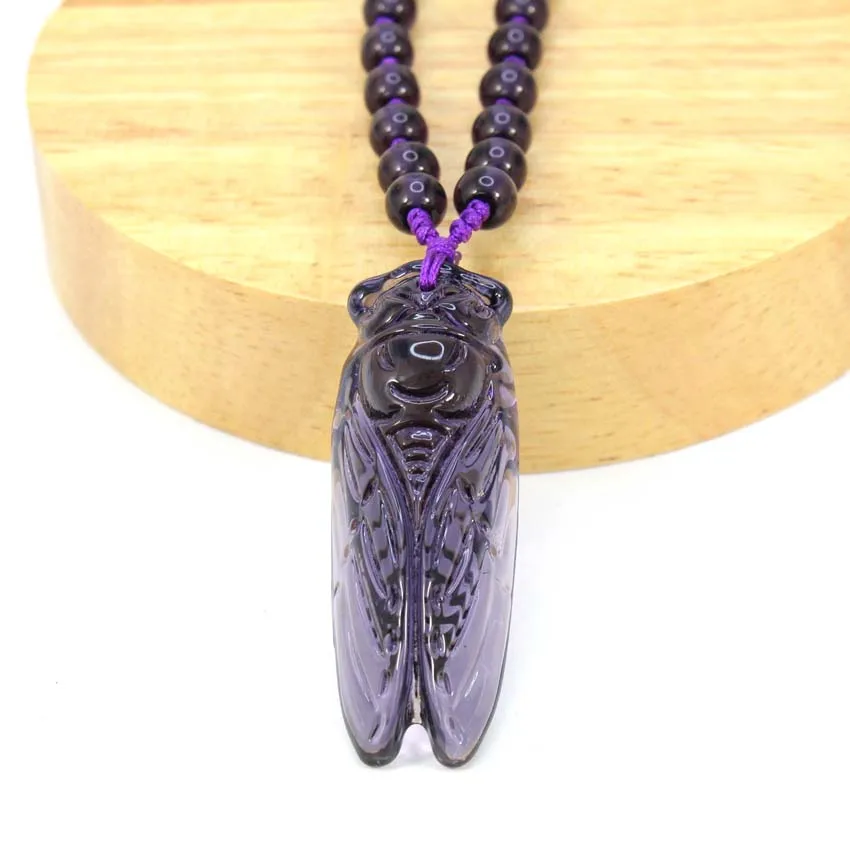 KFT Natural Amethyst Crystal Quartz Carved Harvest Fly Cicada Pendant Round Beads Adjustable Chain Necklace Women Men Jewelry