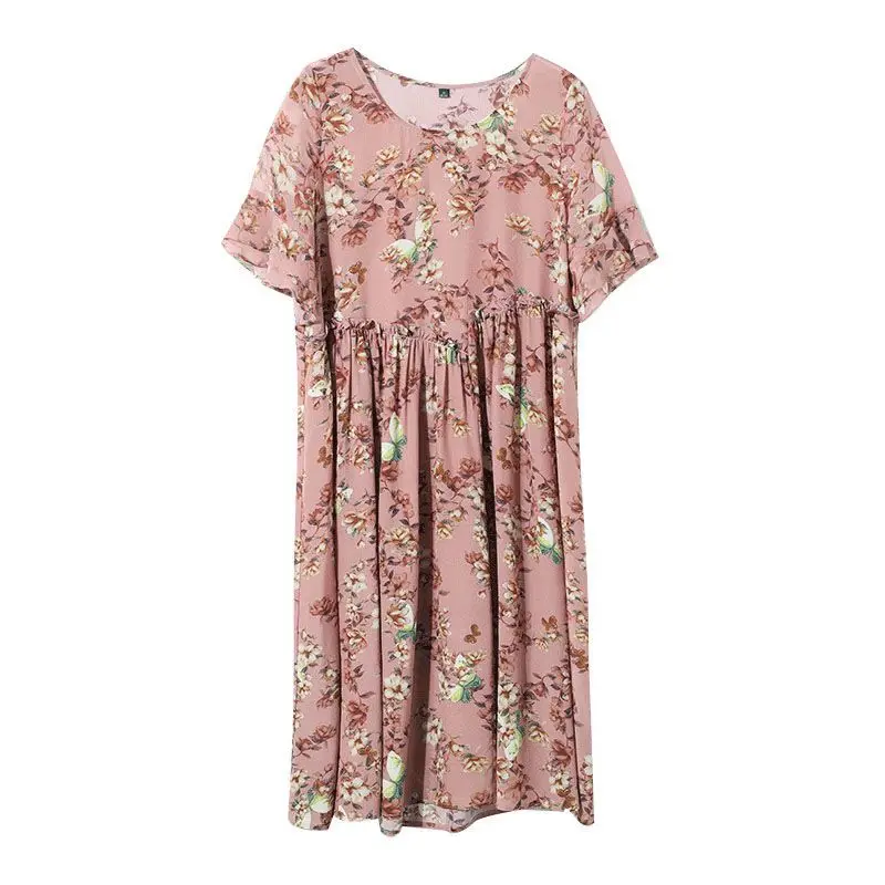 Blumen Rüschen Rand mittellange Chiffon Kleider für Frauen Sommer neue koreanische Version lose Rundhals ausschnitt Flare Ärmel A-Linie Kleid