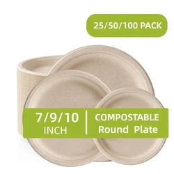 25-100PCS 100% Compostable Plates Heavy-Duty Disposable Paper Plates Dessert Plates for BBQ Dinner Party Supplies 7-10Inch
