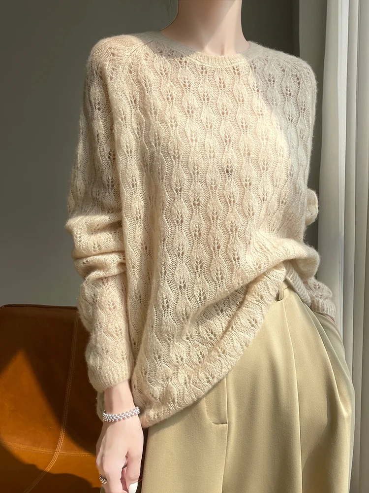 

High Quality Women Hollow Pullover 100% Cashmere Sweater Spring Summer O-Neck Thin Soft Casual Luxury Grace Style Clothing