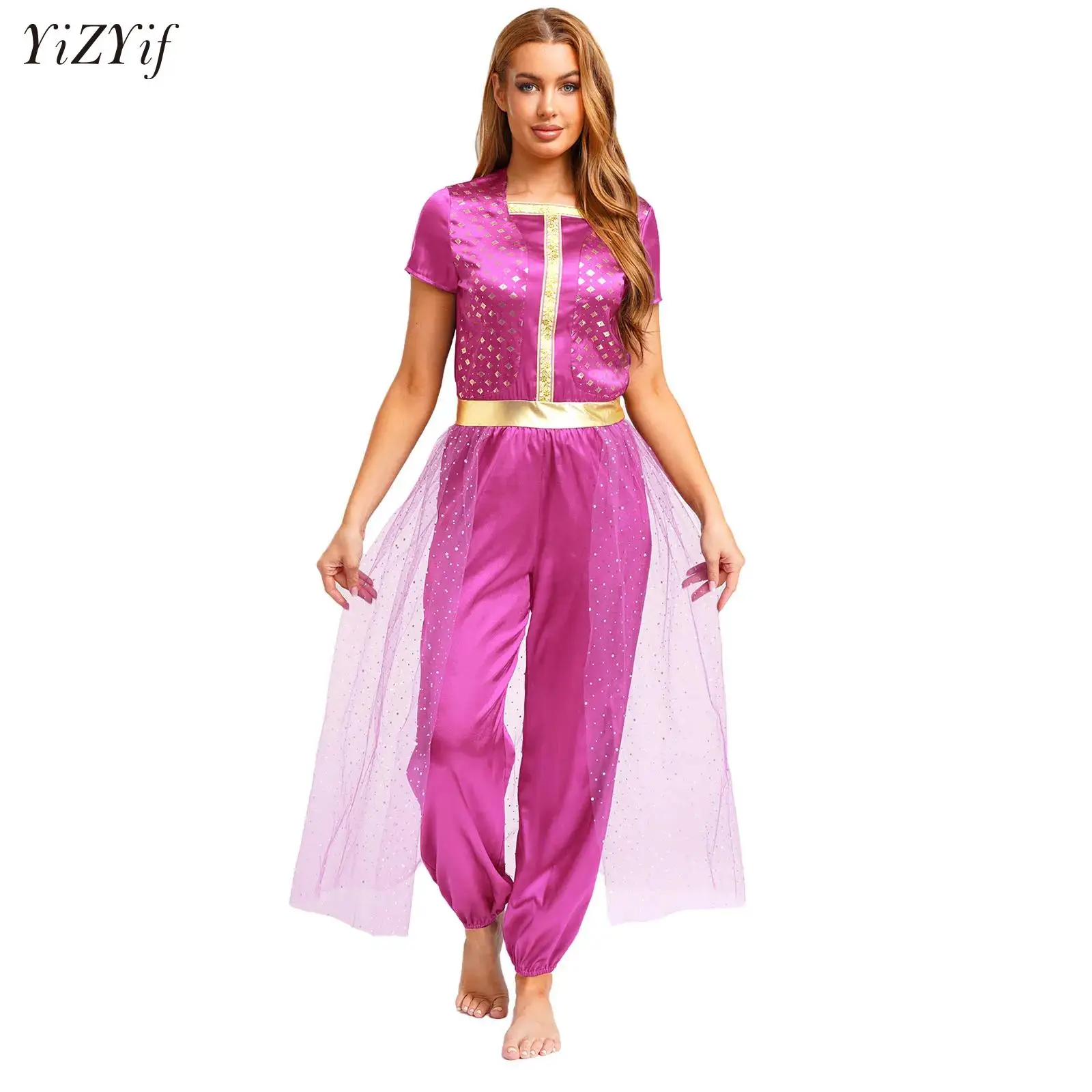 

Womens Arabian Princess Cosplay Jumpsuit Halloween Party Carnival Festival Lamp Costumes Sequined Tulle Overlay Romper Jumpsuits