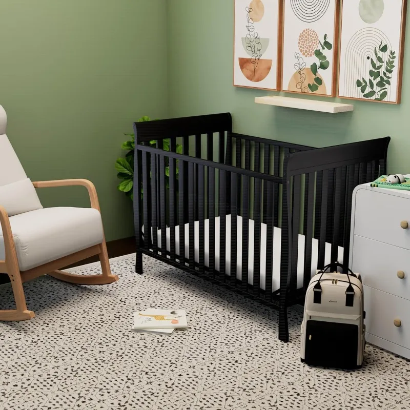 Solstice 5-in-1 Convertible Crib (Black) – GREENGUARD Gold Certified, Converts to Toddler Bed and Full-Size Bed, Fits Standard