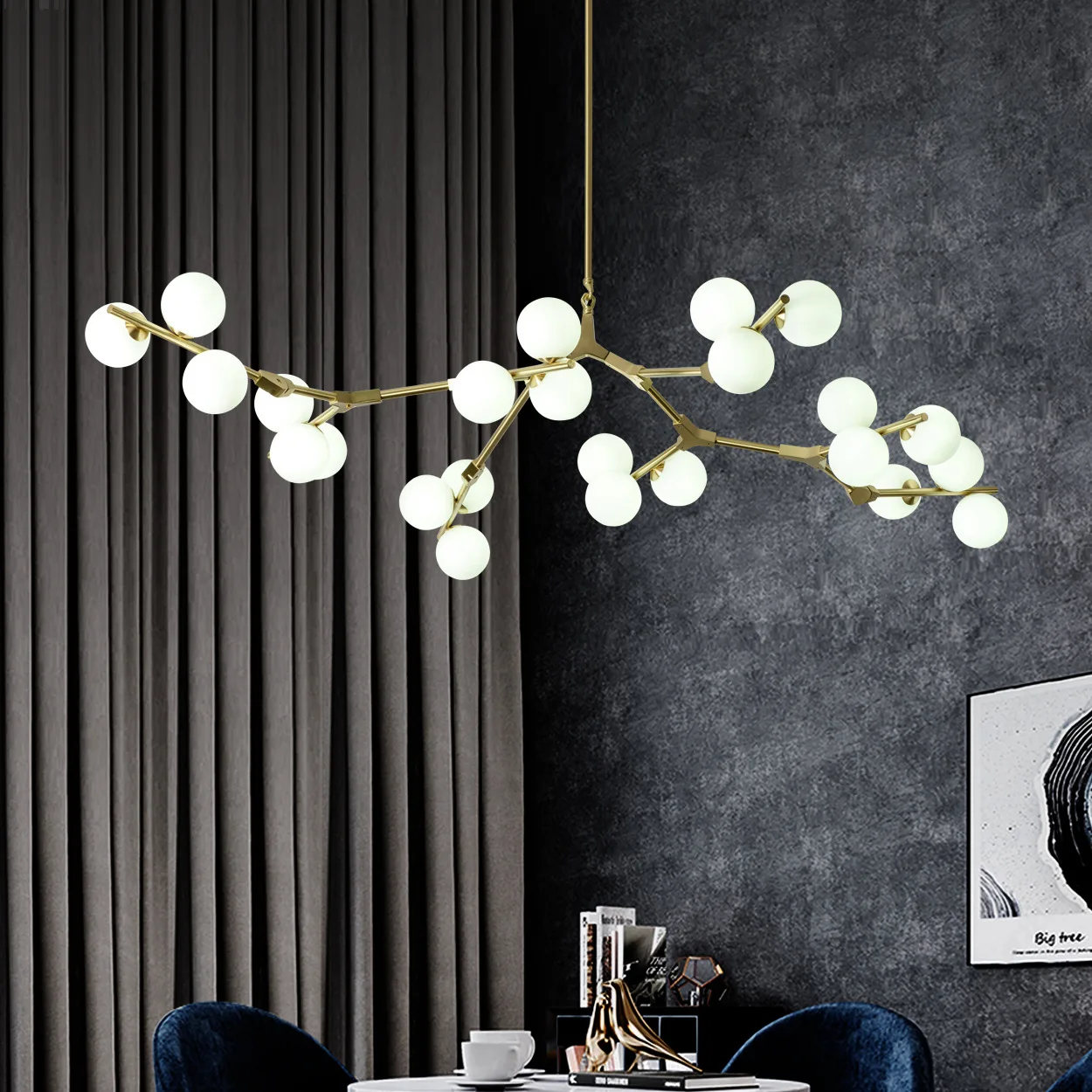 Factory Selling Nordic Led Gold/Black Glass Ball Chandelier Creative Moleculer Tree Branch Pendant Bedroom Living Room Lamps