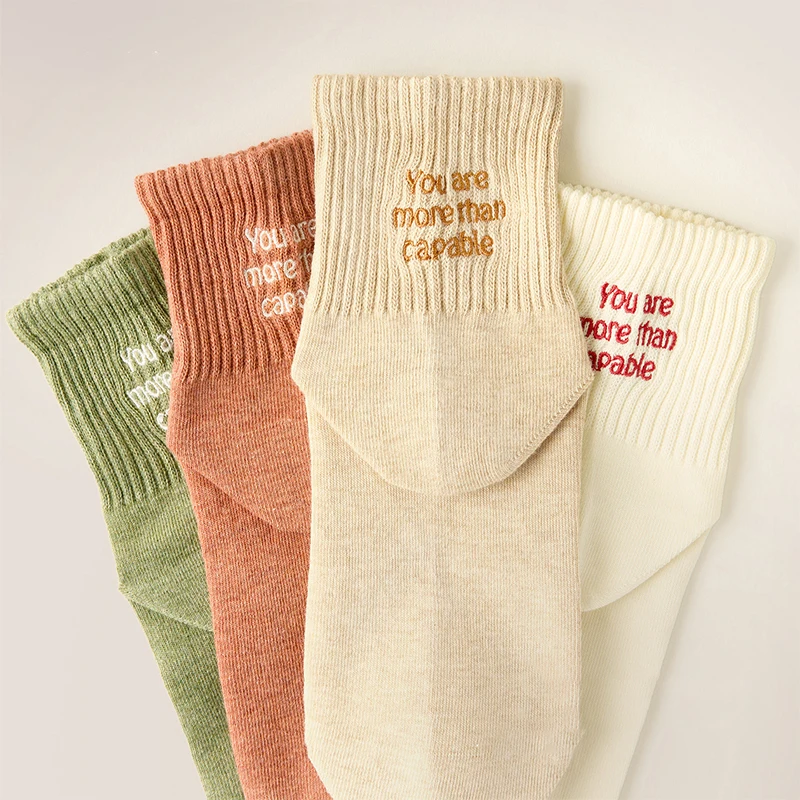 5 Pairs Cotton Mid-Calf Socks with Embroidered Pattern for Women Autumn Spring Sweat Absorbent Breathable Soft Socks