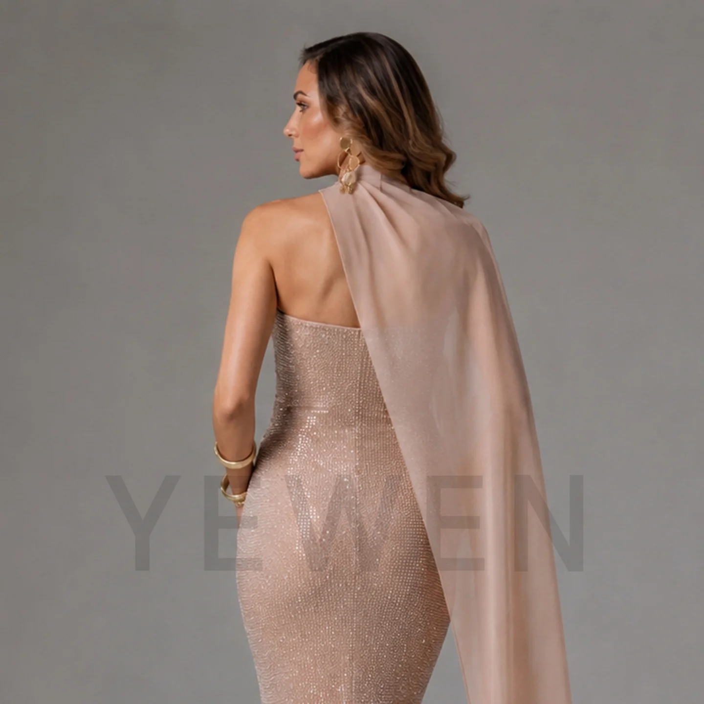 Sheer Draped Cape Neckline Fitted Gown for Gender Reveal Baby Shower Pregnancy Dress